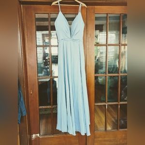 🪩 Size 16 Dusty Blue Chong Xiao Deep V Corset BackFormal Prom Evening Dress.